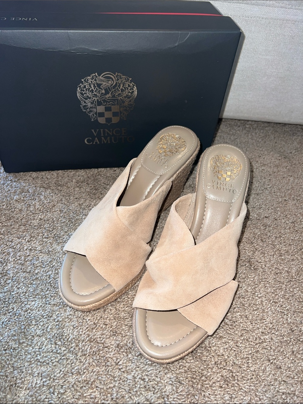 Vince Camuto Beige Suede Crossband Wedge Mules